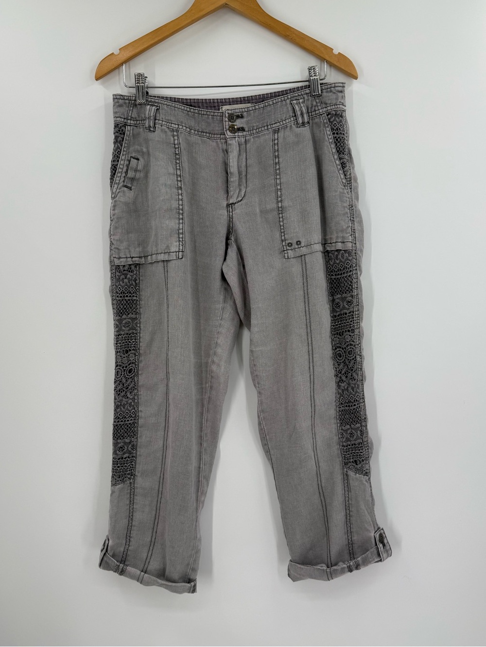 Anthropologie Hei Hei Linen Crochet Trim Cargo Pants | Grey | 28